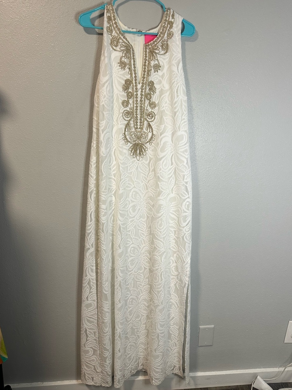 Lilly Pulitzer White Lace Gold Metallic Soutache Trim Maxi Dress